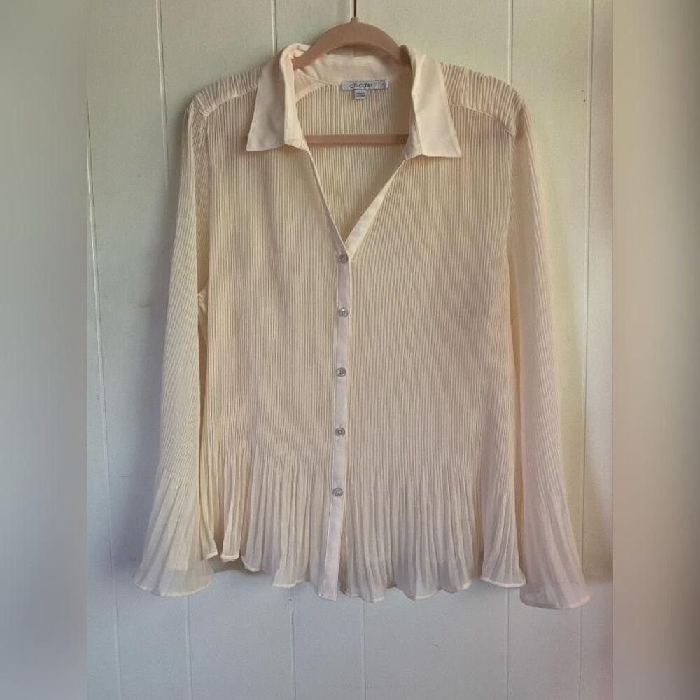 Chico's Blouse Women's 16 Cream Pleated Chiffon Button Front Flared Sleeve